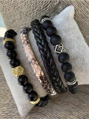 Jenny Daphne Erkek Orijinal Deri ve Doğaltaş Bileklik Kombin  Renk Atmaz Hediye Paketli