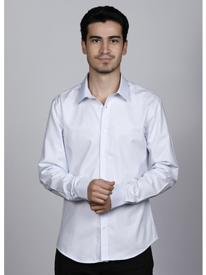 Salve Erkek %100 Pamuk Slim Fit Armürlü Mavi Gömlek 22101