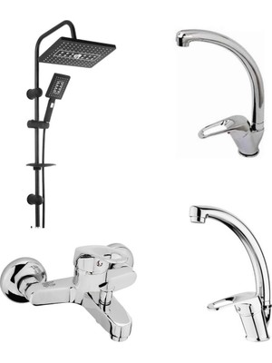 Sc Grup 4’lü Set-Banyo-Lavabo - Mutfak Eviye Musluğu Bataryası ve Fonksiyonlu Kare Siyah Krom Robot Duş Seti 12345