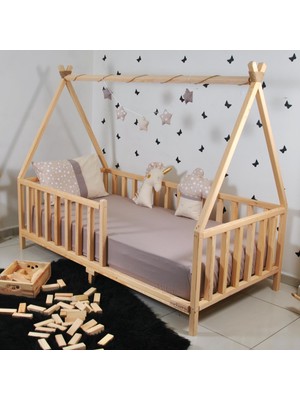 MiniWood Montessori Çocuk Yatak Çam Karyola Çadır Derya