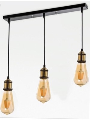 Rsylight Retro Metal 3 Lü Masa Üstü Sıralı Siyah Eskitme Dekoratif Sarkıt Avize 60 cm