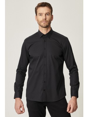 Altınyıldız Classics Erkek Siyah Ütü Gerektirmeyen Non-iron Slim Fit Dar Kesim %100 Pamuk Gömlek