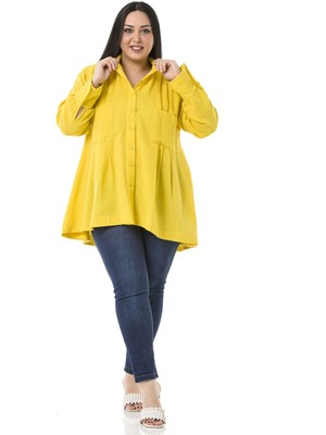 Disentis Modest Büyük Beden Torba Cepli Önü ve Arkası Pileli Geniş Manşetli Arkası Uzun Sarı Müslin Gömlek