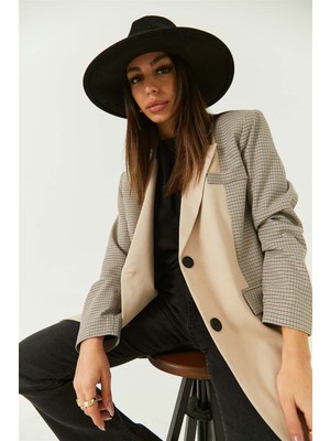 tuba butik Ekoseli Oversize Blazer Taş Kadın Ceket