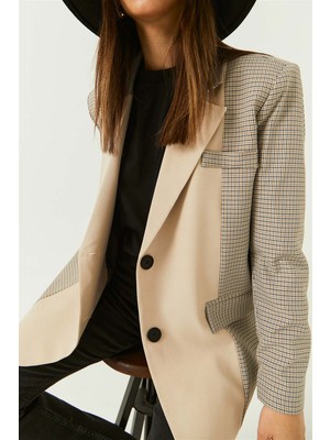 tuba butik Ekoseli Oversize Blazer Taş Kadın Ceket