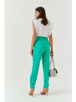 tuba butik Pile Detaylı Kemerli Yeşil Kadın Pantolon