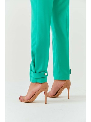 tuba butik Pile Detaylı Kemerli Yeşil Kadın Pantolon