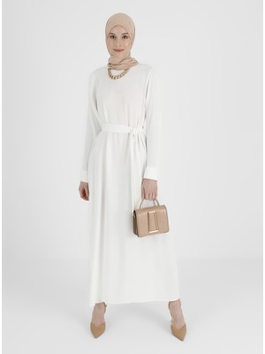 Refka Kolları Pileli Şık Elbise - Off White - Refka Woman