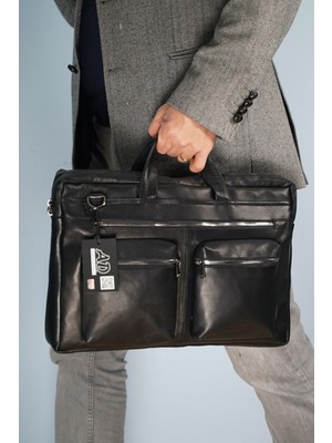 Adelina Bags Erkek Siyah Hakiki Deri Büyük Boy Evrak Laptop El ve Omuz Çantası