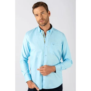 Erkek Klasik Fit Normal Kesim Uzun Kollu Pamuklu Oxford Doku Tek Cepli Turkuaz Düğmeli Yaka Gömlek