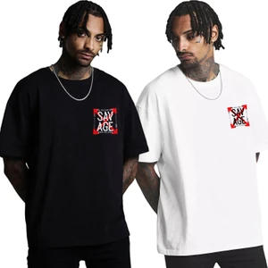Unisex Siyah Beyaz Savage Baskılı T-Shirt 2'li Paket Tişört