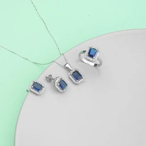 Miavi Silver 925 Ayar Gümüş Safir Kare Kolye Küpe Yüzük Takı Seti