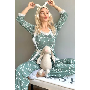Pijama Evi Yeşil Zeytin Dalı Desenli Sabahlıklı Pegasus Pijama Takımı