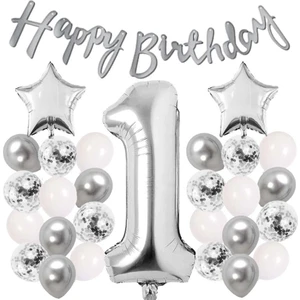 Patladı Gitti Gümüş Konsept 1 Yaş Doğum Günü Kutlama Seti Beyaz Gümüş Konfetili Balon Rakam Yıldız Folyo ve Banner
