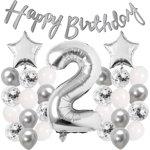 Patladı Gitti Gümüş Konsept 2 Yaş Doğum Günü Kutlama Seti Beyaz Gümüş Konfetili Balon Rakam Yıldız Folyo ve Banner