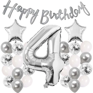Patladı Gitti Gümüş Konsept 4 Yaş Doğum Günü Kutlama Seti Beyaz Gümüş Konfetili Balon Rakam Yıldız Folyo ve Banner