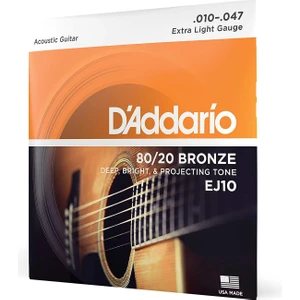 Daddario Ej10 Akustik Gitar Tel Seti, 80/20 Bronze, Extra Light