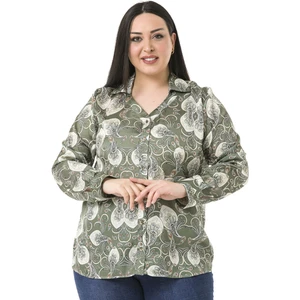 Disentis Modest Büyük Beden Yaka Detaylı Şal Desen Saten Haki Kadın Gömlek