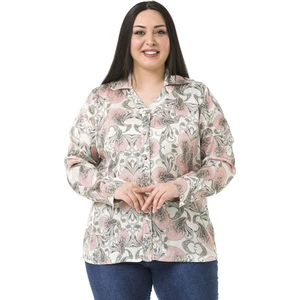 Disentis Modest Büyük Beden Yaka Detaylı Şal Desen Saten Pudra Rengi Kadın Gömlek