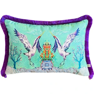 Ge Living Dekoratif Turna Kuş Desenli Kırlent - Özel Tasarım Su Yeşili Kadife Yastık Kılıfı