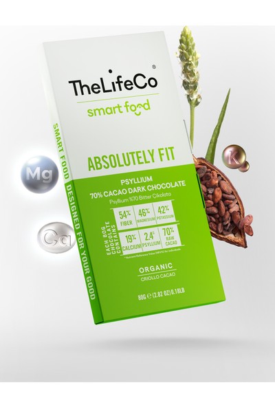 TheLifeCo SmartFood Absolutely Fit Organik Çikolata 80gr ( Psyllium +%70 Bitter)