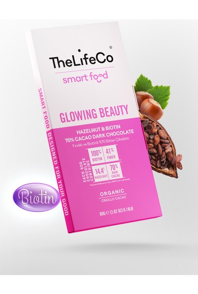 TheLifeCo SmartFood Glowing Beauty Organik Çikolata 80gr ( Organik Fındık + Biotin + %70 Bitter)