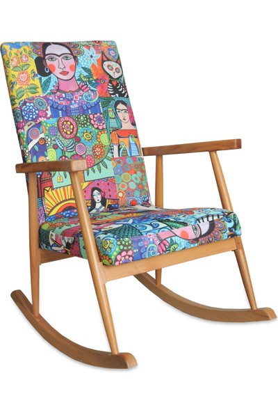 Asedia Trend Naturel Ayak Frida Desenli Örme Kumaş Döşemeli Modern Ahşap Sallanan Sandalye Dinleme Emzirme Koltuğu Baba Koltuğu