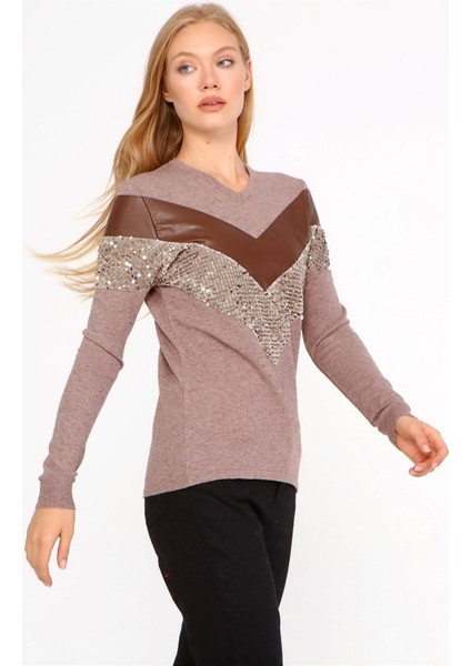 Kadın Ön Baskı Detaylı Kazak Beige 21-1330