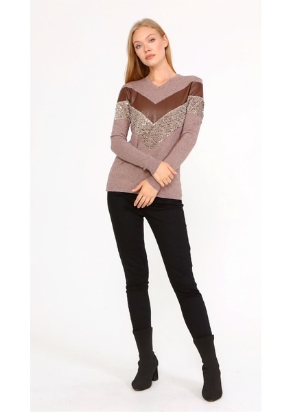 Kadın Ön Baskı Detaylı Kazak Beige 21-1330