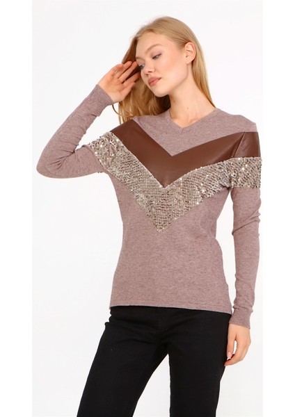 Kadın Ön Baskı Detaylı Kazak Beige 21-1330