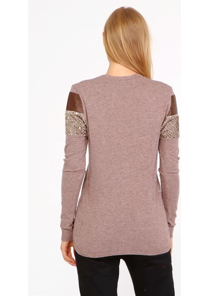 Kadın Ön Baskı Detaylı Kazak Beige 21-1330