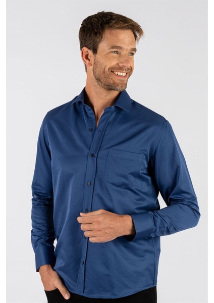 Erkek Regular Fit Klasik Kesim Pamuklu Düz İndigo Gömlek