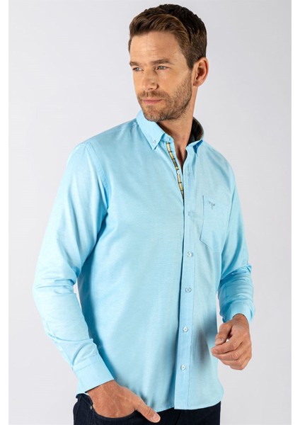 Erkek Klasik Fit Normal Kesim Uzun Kollu Pamuklu Oxford Doku Tek Cepli Turkuaz Düğmeli Yaka Gömlek fiyatları