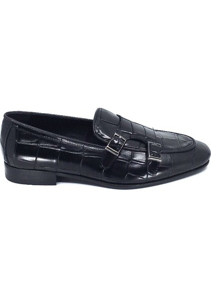 G010 Hakiki Deri Kroko Desenli Cift Tokalı Neolit Taban Erkek Ayakkabı