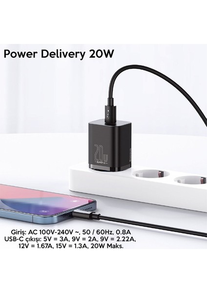 Super Si 20W Pd Type-C Girişli Akım Kontrollü Baseus Hızlı Şarj Adaptörü