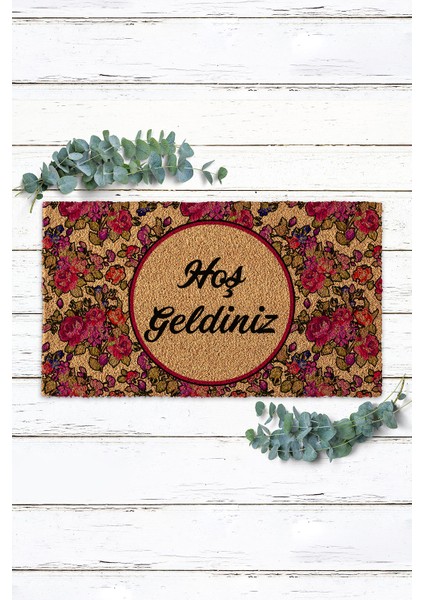 Çiçekli Desenli Yuvarlak Çerçeve Hoş Geldiniz Kapı Önü Paspası