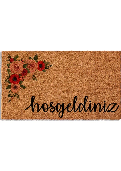 Çiçekli Hoşgeldiniz Naturel Paspas