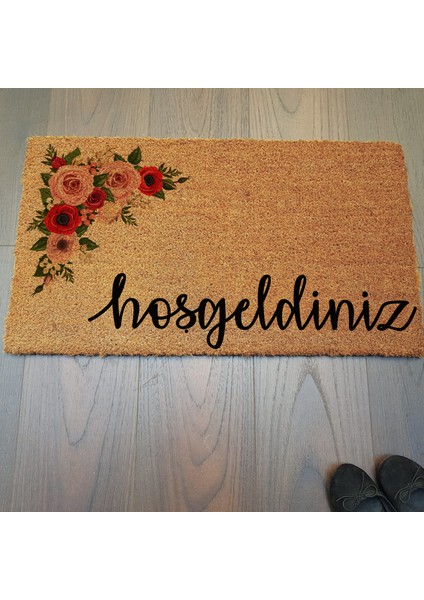 Çiçekli Hoşgeldiniz Naturel Paspas
