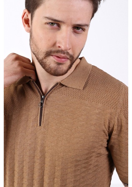 Camel Polo Yaka Fermuarlı Erkek Pamuk Triko T-Shirt