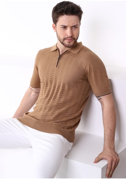 Camel Polo Yaka Fermuarlı Erkek Pamuk Triko T-Shirt fiyatları