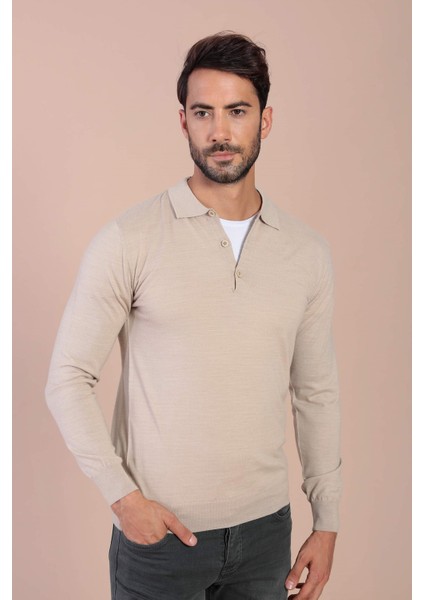 Polo Yaka Superfine Yün Kazak - Taş