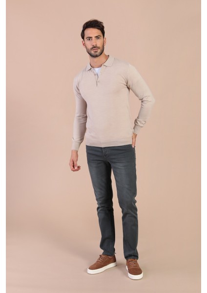 Polo Yaka Superfine Yün Kazak - Taş