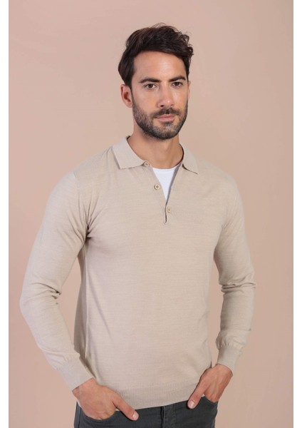 Polo Yaka Superfine Yün Kazak - Taş