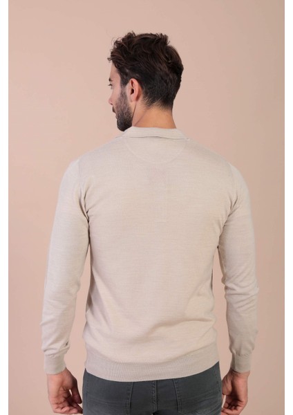 Polo Yaka Superfine Yün Kazak - Taş