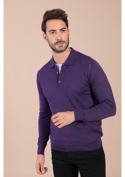 Polo Yaka Superfine Yün Kazak - Mürdüm