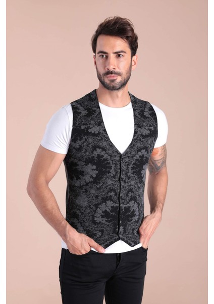 Çift Renk Yün Triko Yelek - Siyah