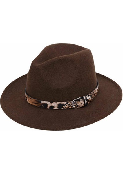 Kadın Yün Leopar Baskı Geniş Brim (Sarı) ile Fedora Şapkası Keçe (Yurt Dışından)