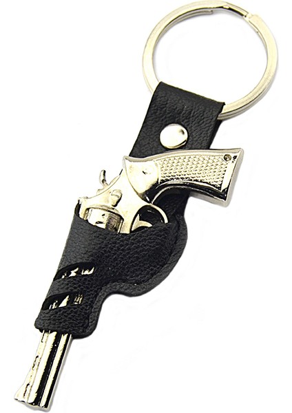 45 Lik Toplu Kovboy Tabancası Siyah Kılıflı Anahtarlık - Nikel