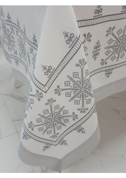 Otantik Baskılı Keten Kumaş Kreme Gri Masa Örtüsü Dikdörtgen 160x220 cm - 1033 fırsatları