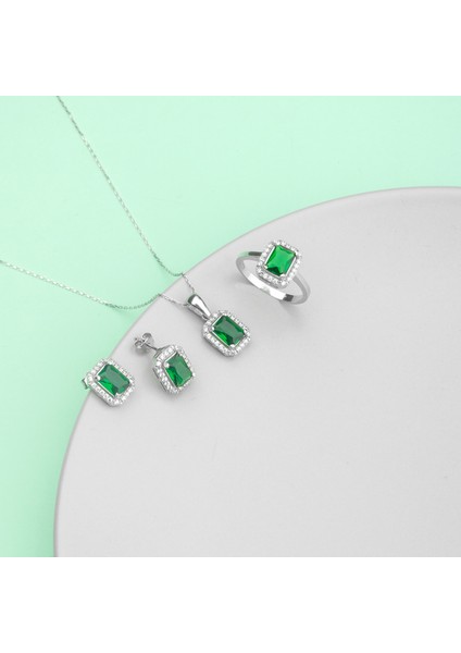925 Ayar Gümüş Zümrüt Kare Kolye Küpe Yüzük Takı Seti